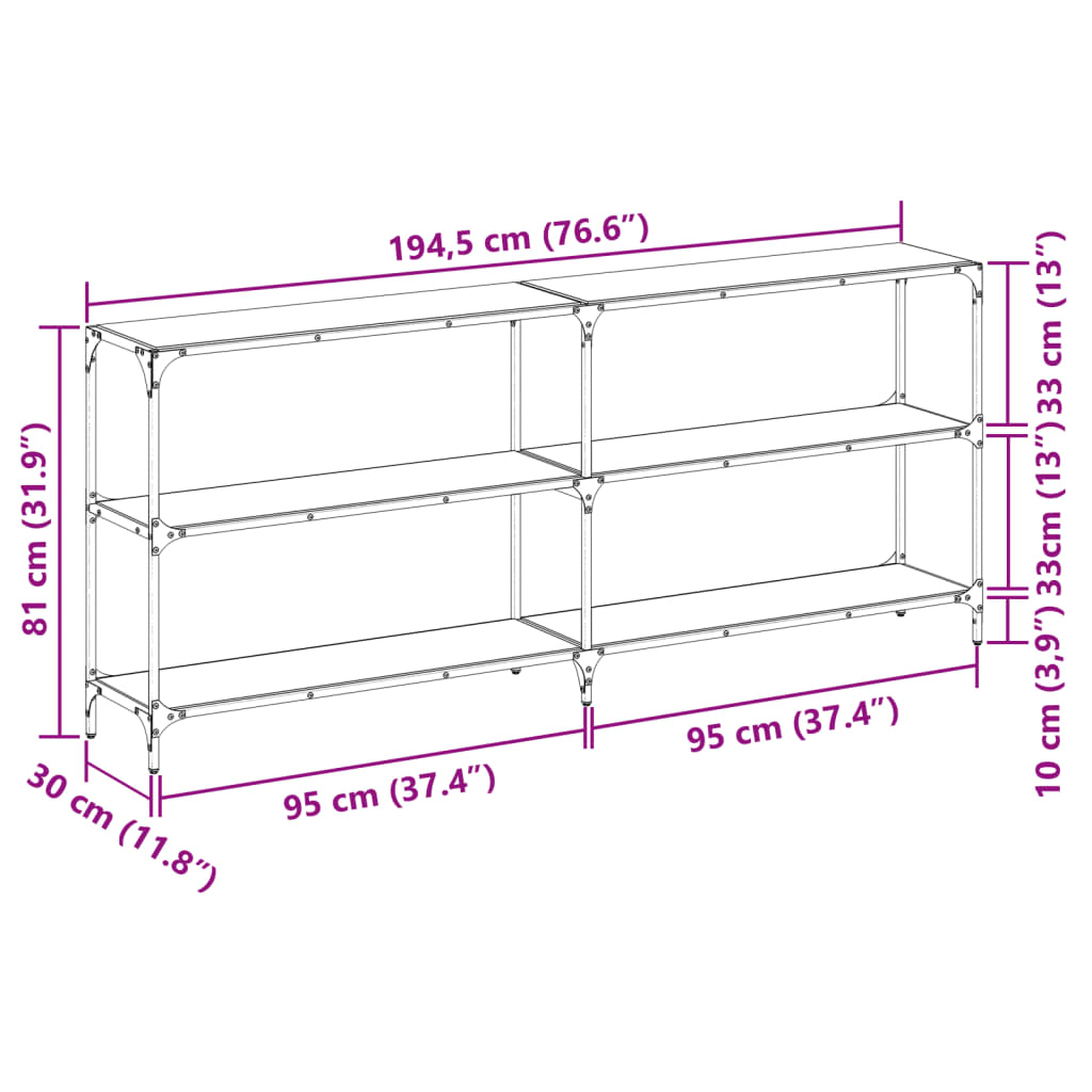 Coffee table, black glass top, 194.5x30x81 cm, steel