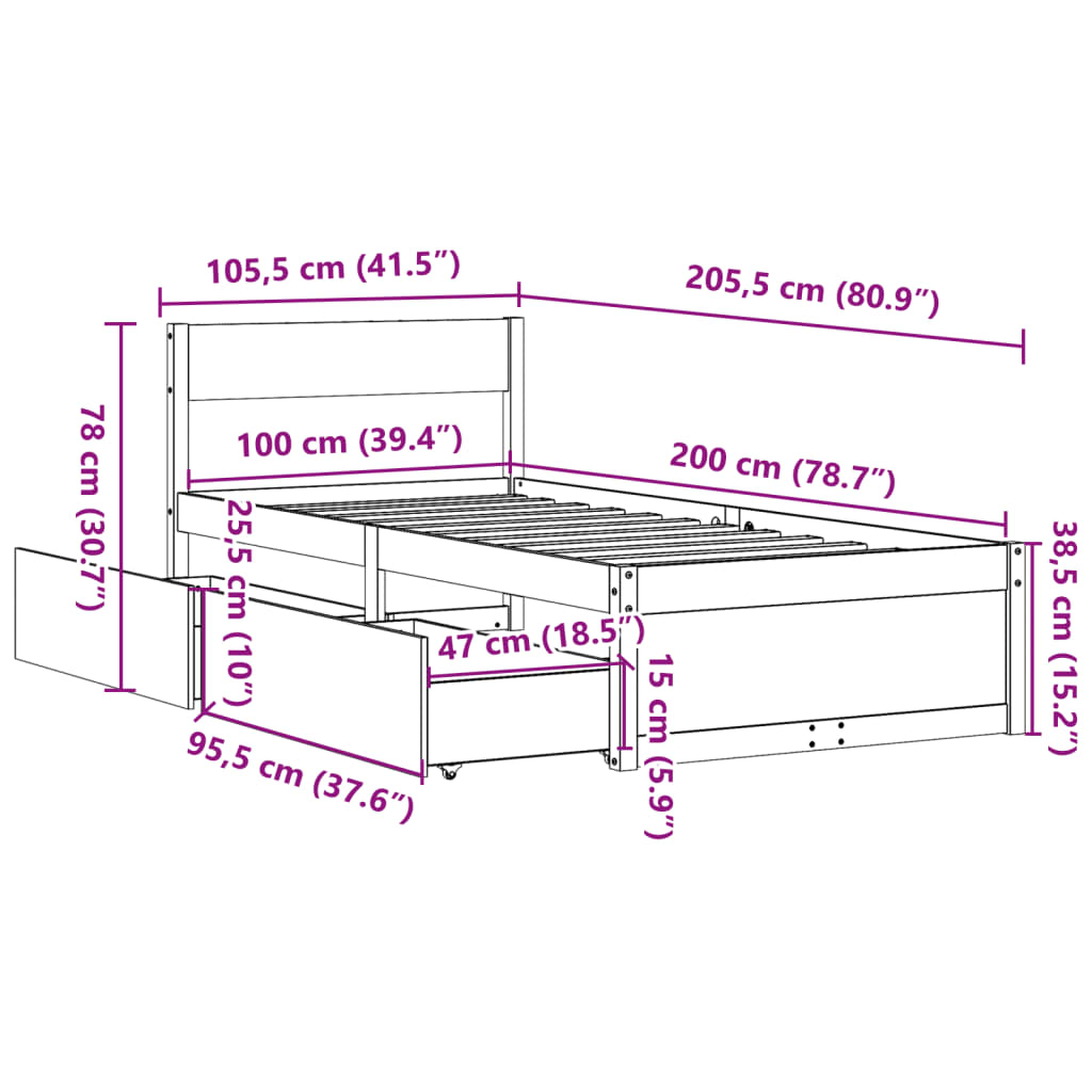 Cadru pat fără saltea, 100x200 cm, lemn masiv pin