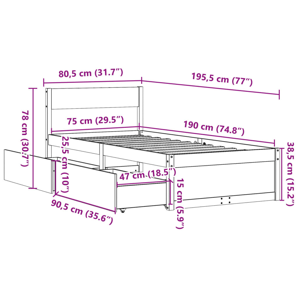 Cadru pat fără saltea, maro ceruit, 75x190 cm, lemn masiv pin