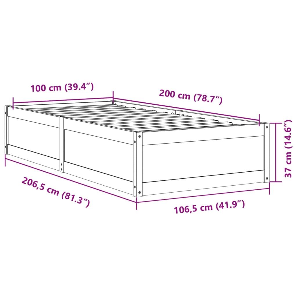 Cadru pat fără saltea, alb, 100x200 cm, lemn masiv pin