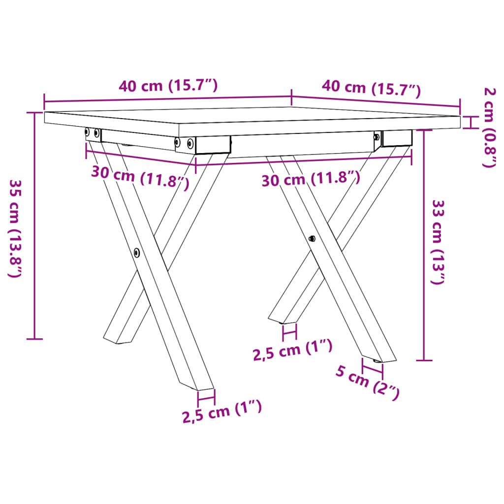 Coffee table, X frame, 40x40x35 cm, solid pine wood and cast iron