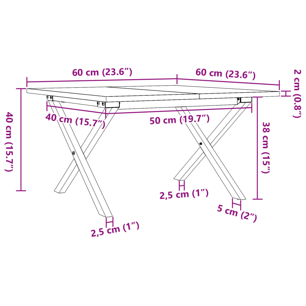 Coffee table, X frame, 60x60x40 cm, solid pine wood and cast iron