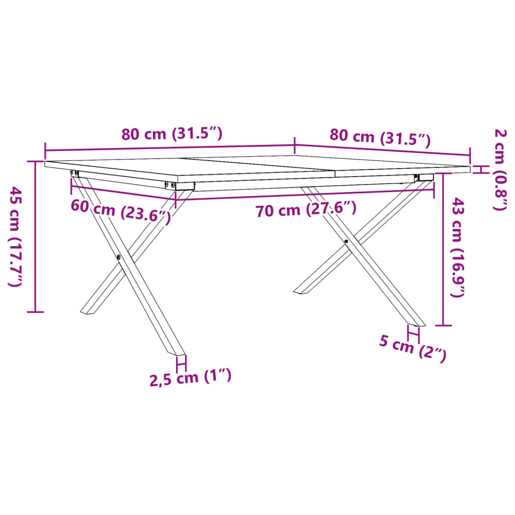 Coffee table, X frame, 80x80x45 cm, solid pine wood and cast iron