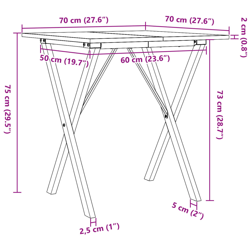 Kitchen table, X frame, 70x70x75 cm solid pine wood and cast iron