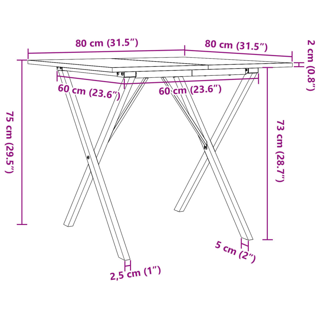 Kitchen table, X frame, 80x80x75 cm solid pine wood and cast iron