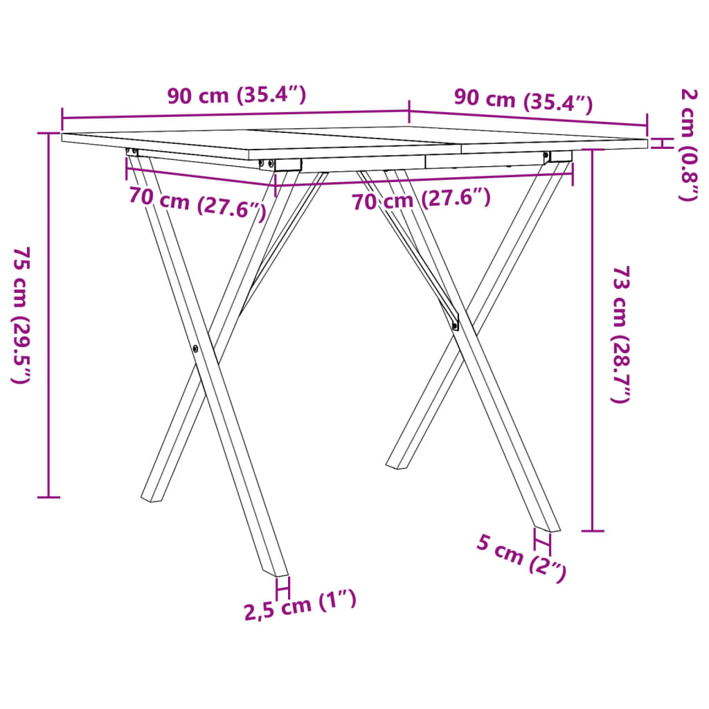 Masă de bucătărie, cadru X, 90x90x75 cm lemn masiv pin și fontă