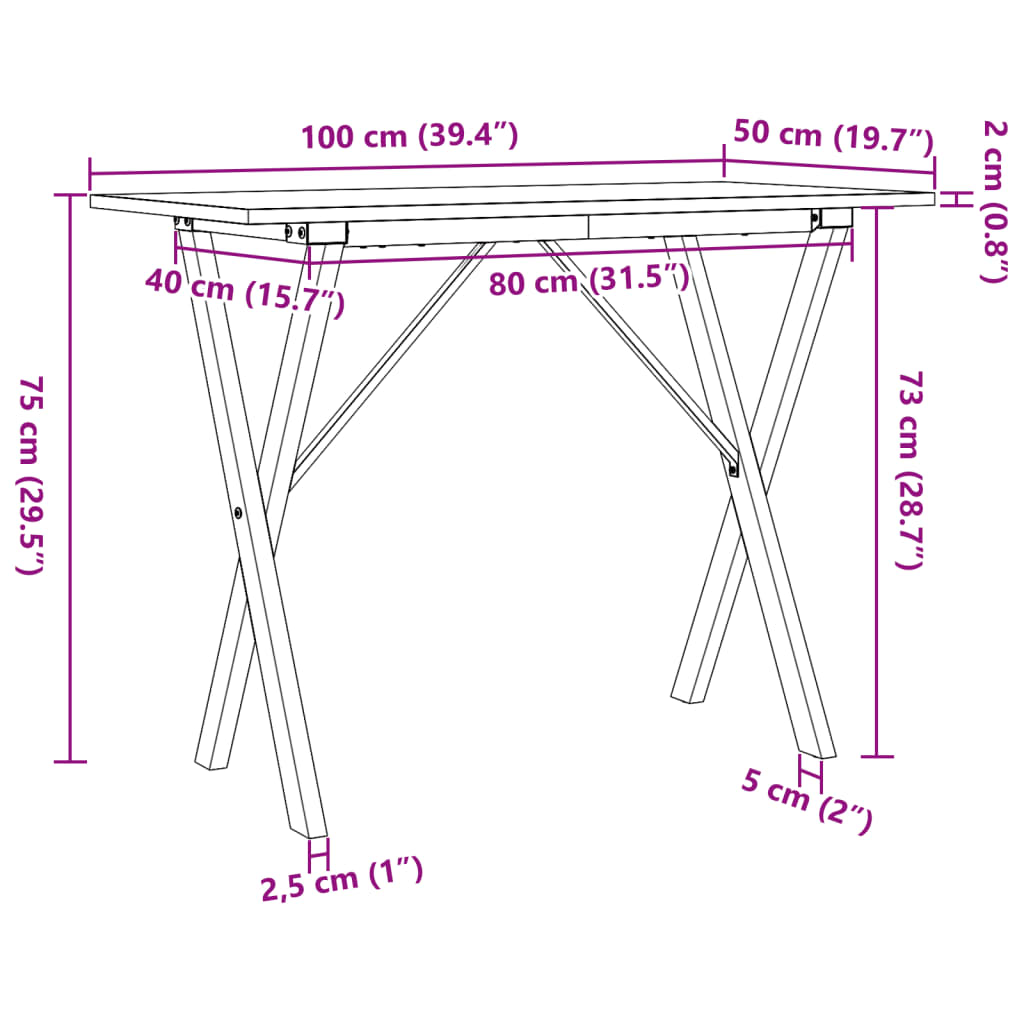 Masă de bucătărie, cadru X, 100x50x75cm lemn masiv pin și fontă