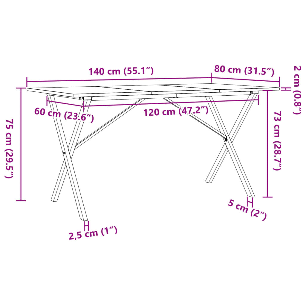 Kitchen table, X frame, 140x80x75cm solid pine wood and cast iron