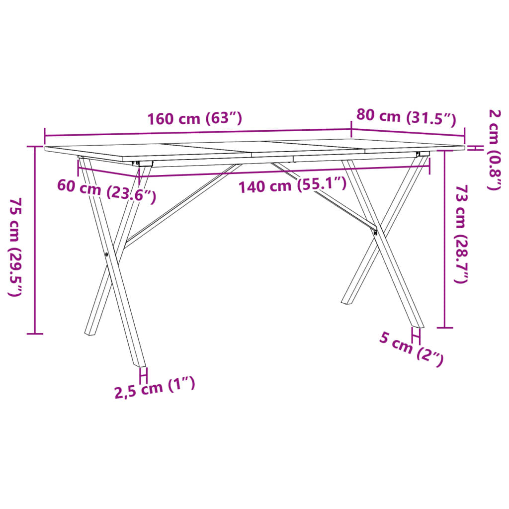 Kitchen table, X frame, 160x80x75cm solid pine wood and cast iron