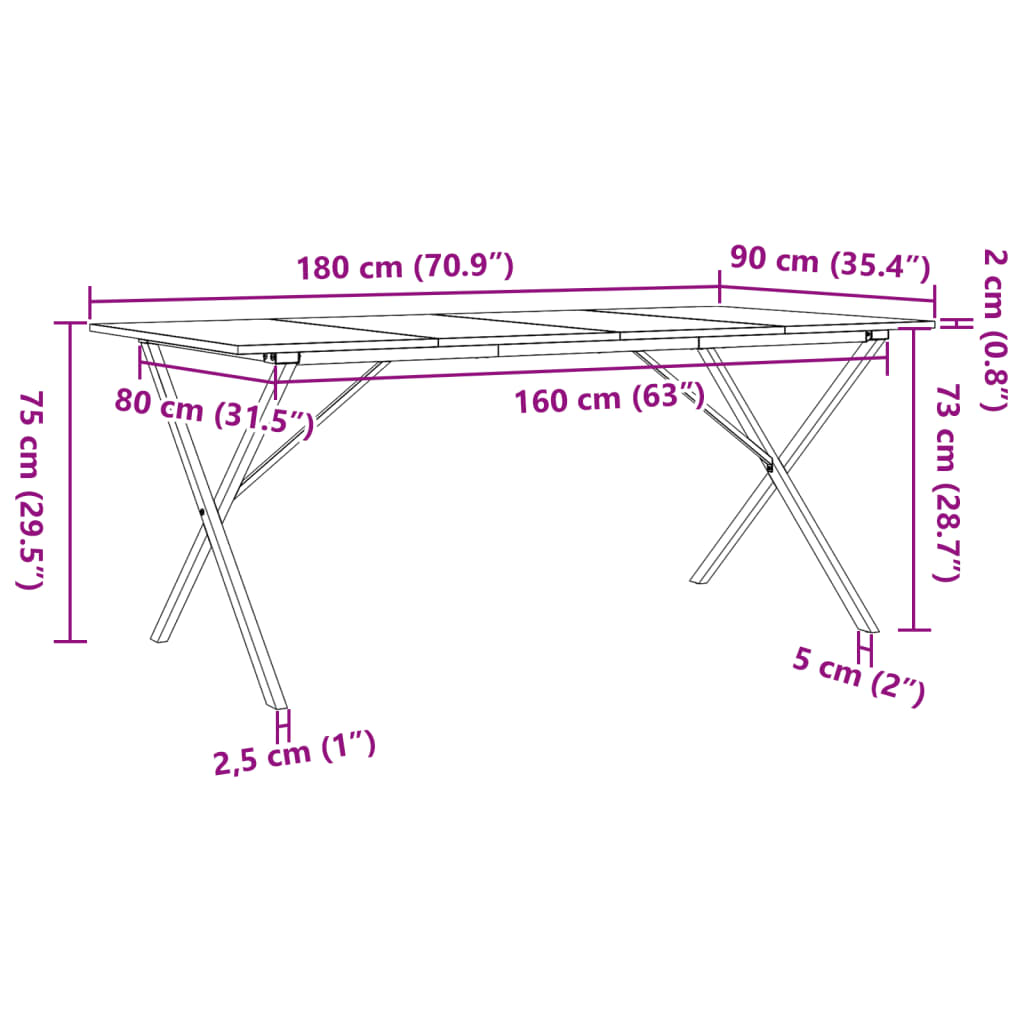 Kitchen table, X frame, 180x90x75cm solid pine wood and cast iron