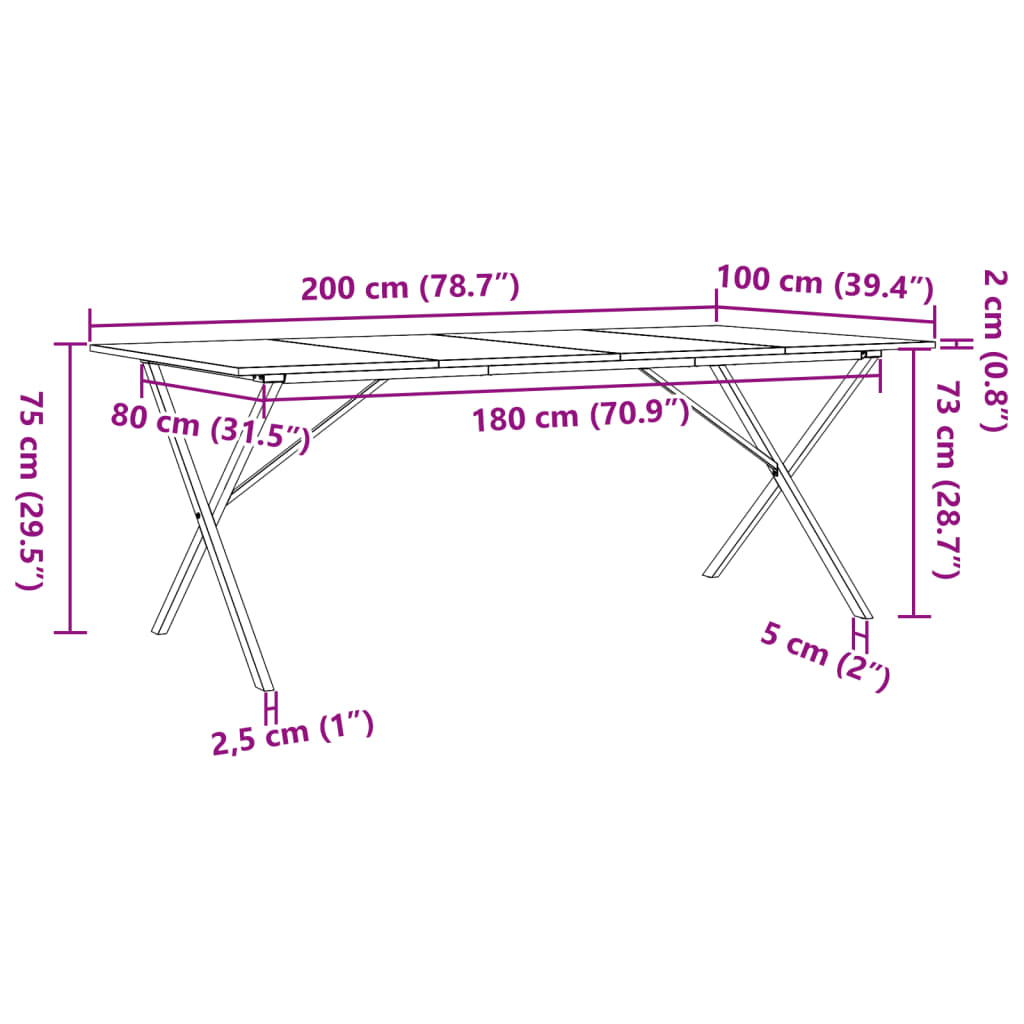 Masă bucătărie, cadru X, 200x100x75 cm lemn masiv pin și fontă