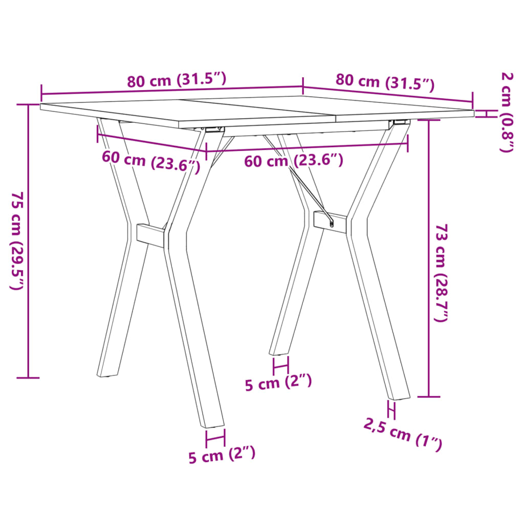 Kitchen table, Y frame, 80x80x75 cm solid pine wood and cast iron