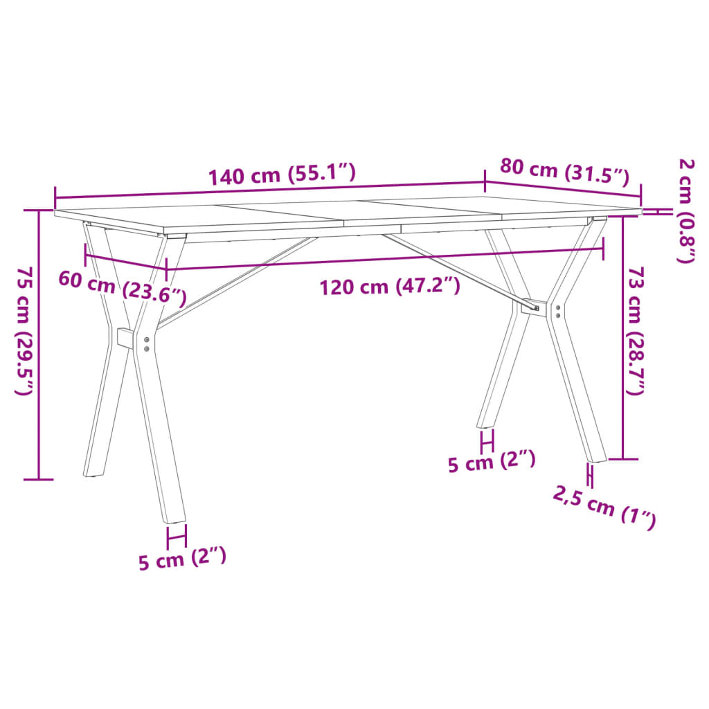 Kitchen table, Y frame, 140x80x75cm solid pine wood and cast iron