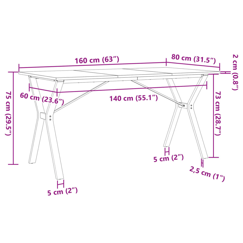 Kitchen table, Y frame, 160x80x75cm solid pine wood and cast iron