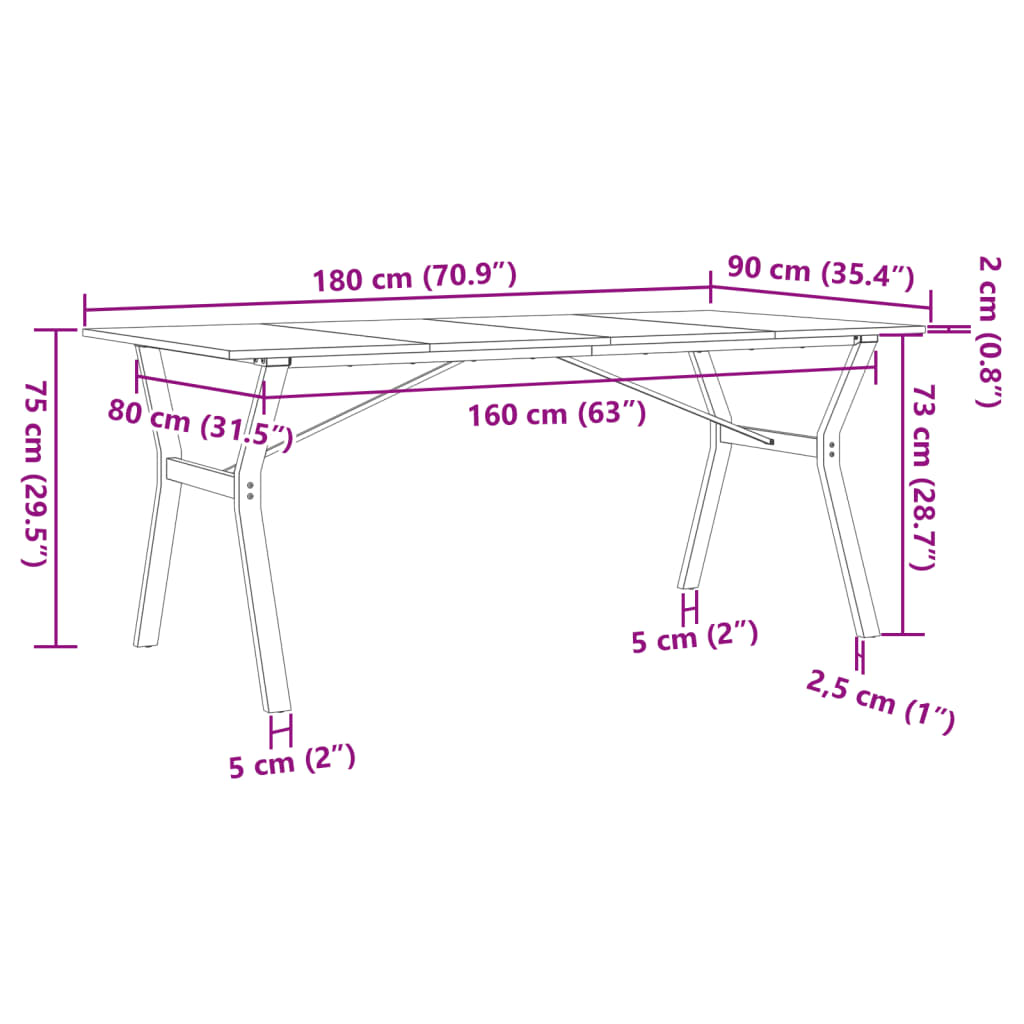 Kitchen table, Y frame, 180x90x75cm solid pine wood and cast iron