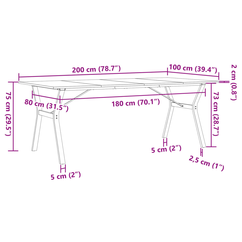 Kitchen table, Y frame, 200x100x75 cm solid pine wood and cast iron