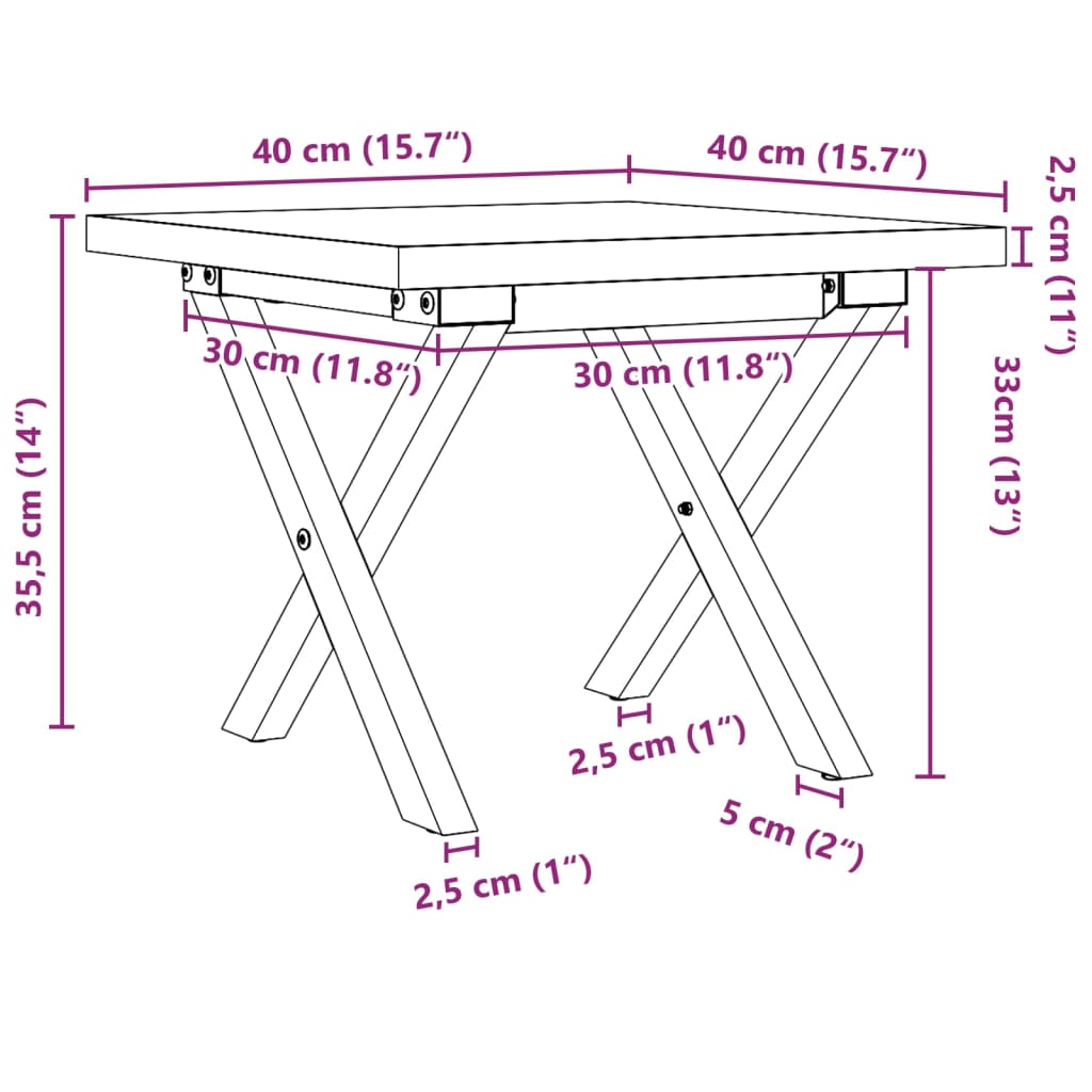 Coffee table, X frame, 40x40x35.5 cm, solid pine wood and cast iron