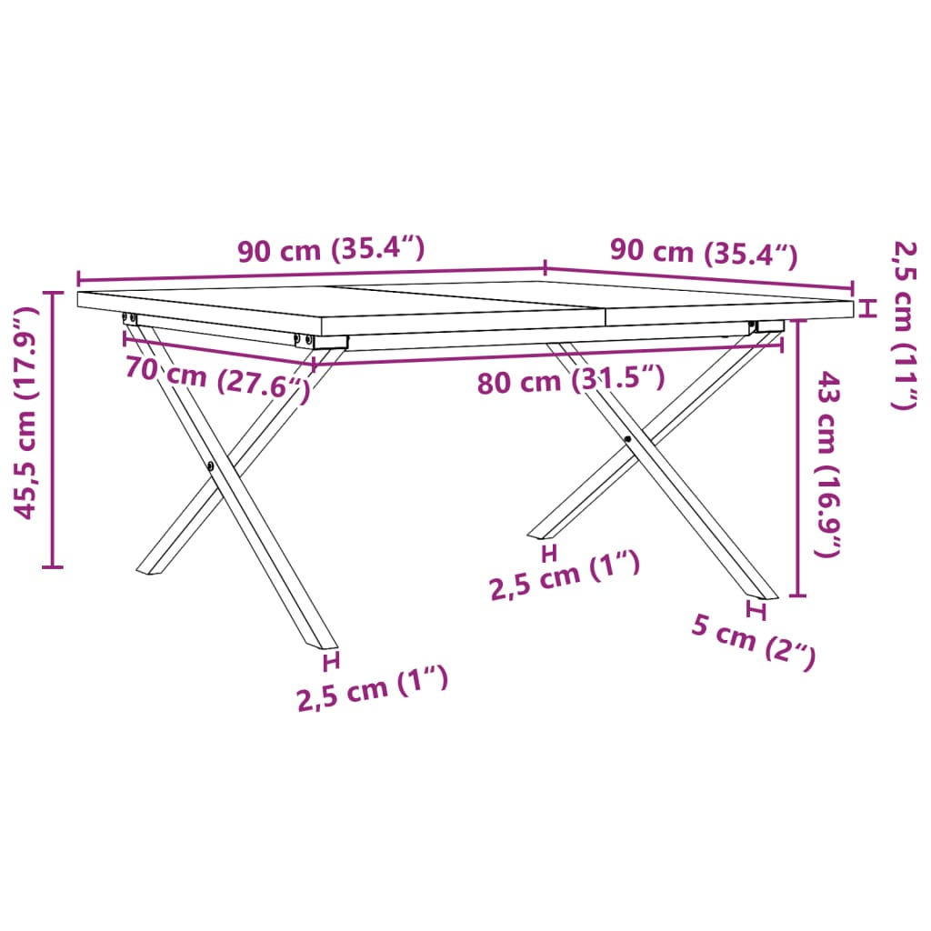 Masă de cafea, cadru X, 90x90x45,5 cm, lemn masiv pin și fontă