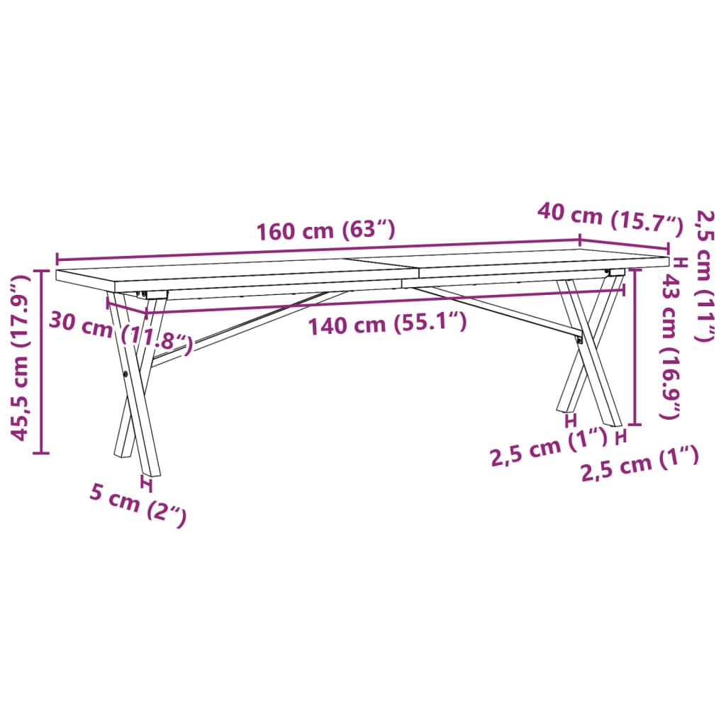 Coffee table, X frame, 160x40x45.5 cm, solid pine wood and cast iron