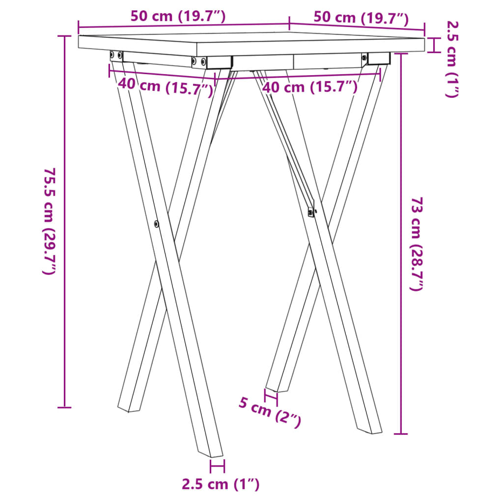 Masă bucătărie, cadru X, 50x50x75,5 cm lemn masiv pin și fontă