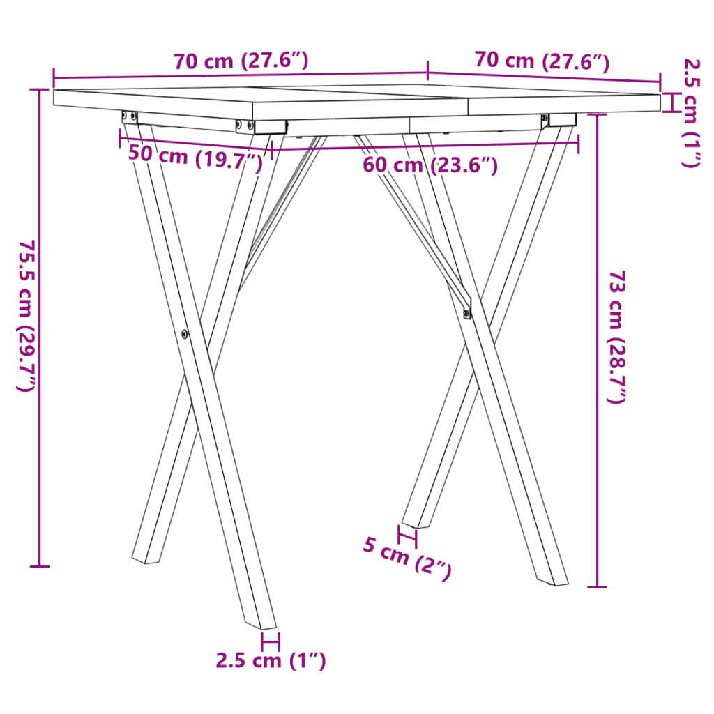 Kitchen table, X frame, 70x70x75.5 cm solid pine wood and cast iron