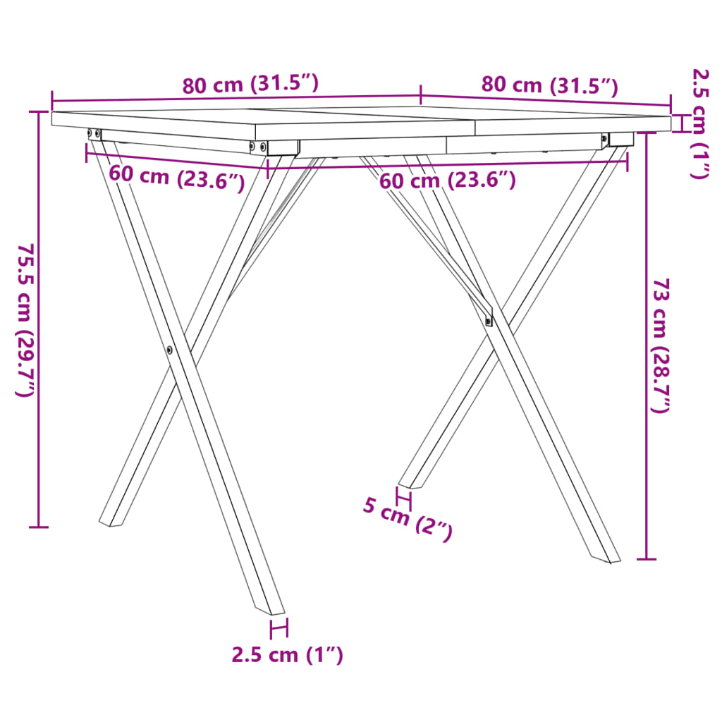 Masă bucătărie, cadru X, 80x80x75,5 cm lemn masiv pin și fontă