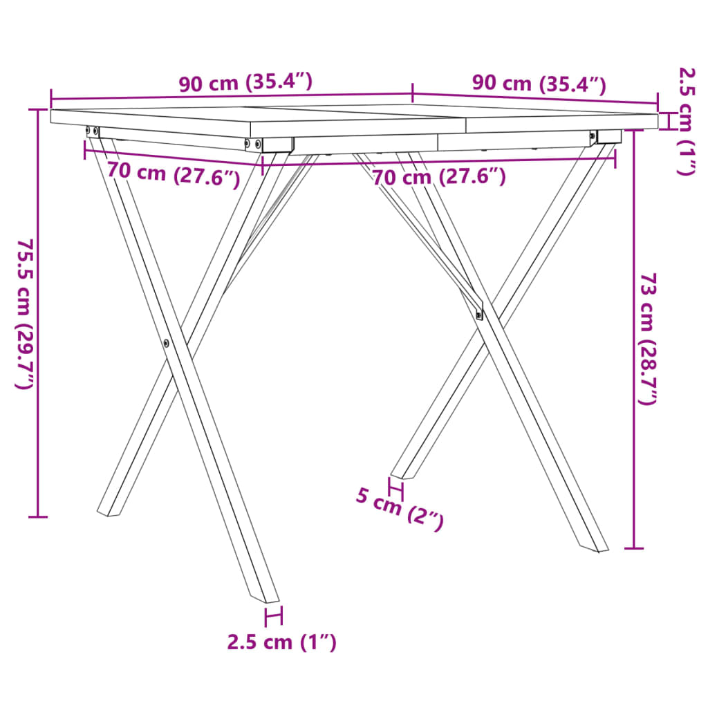 Masă bucătărie, cadru X, 90x90x75,5 cm lemn masiv pin și fontă