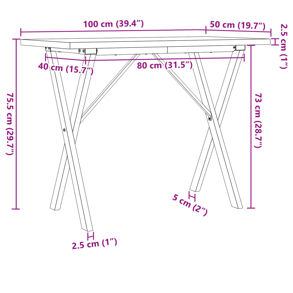 Kitchen table, X frame, 100x50x75.5 cm solid pine wood and cast iron