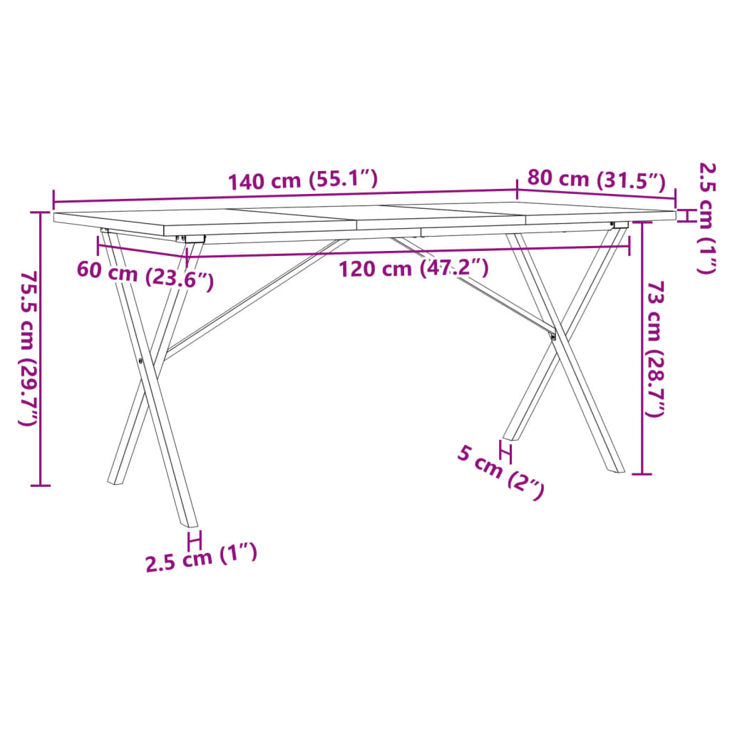 Kitchen table, X frame, 140x80x75.5 cm solid pine wood and cast iron