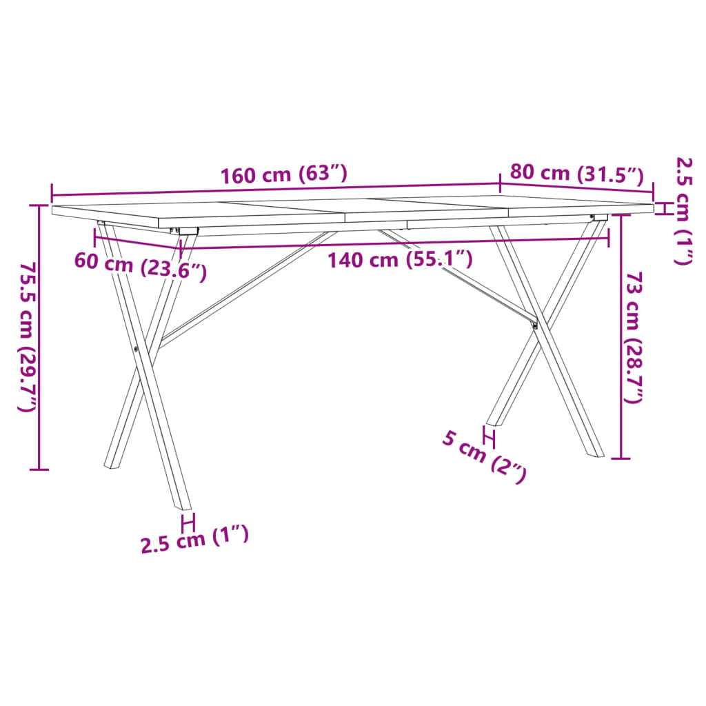 Kitchen table, X frame, 160x80x75.5 cm solid pine wood and cast iron