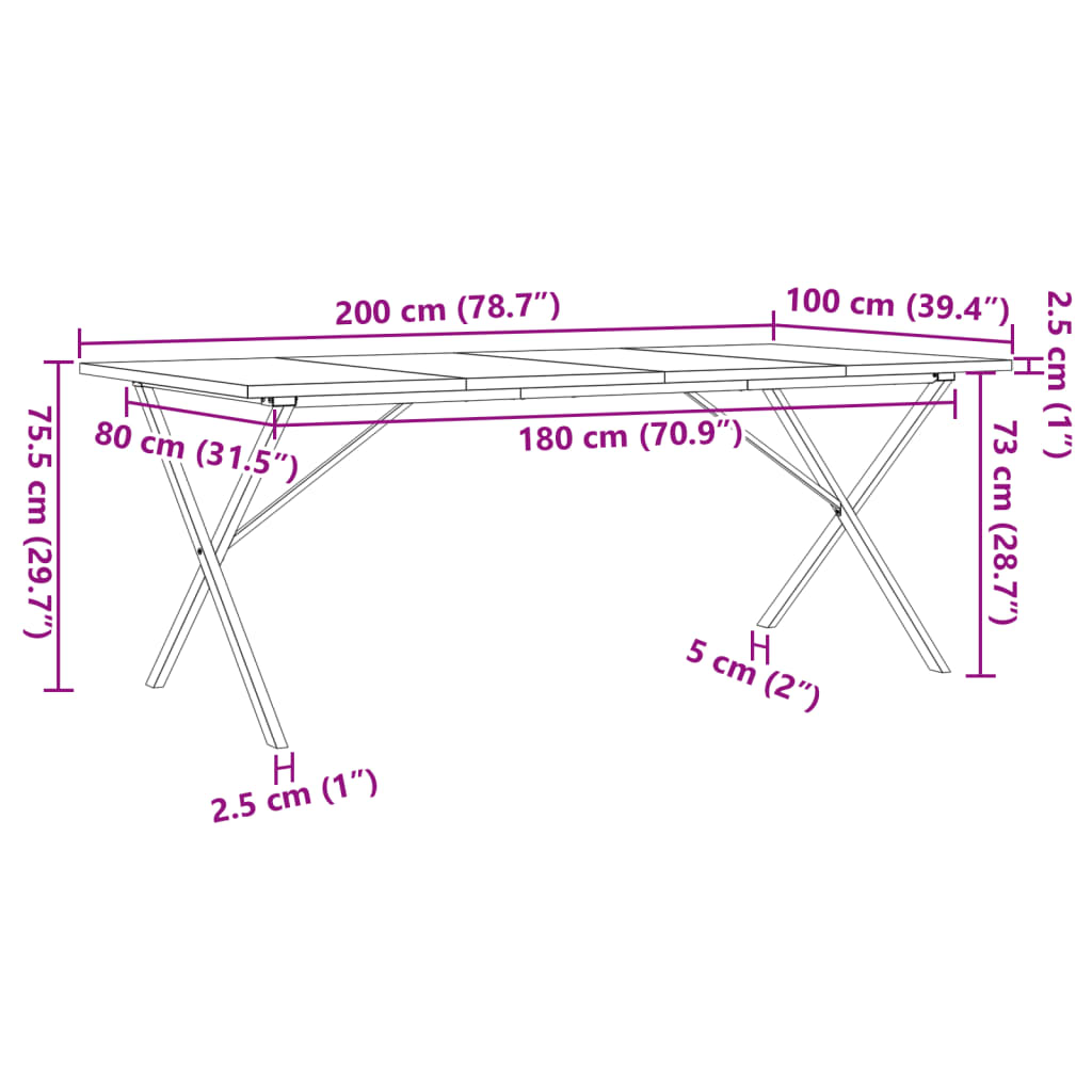 Kitchen table, X frame, 200x100x75.5cm solid pine wood and cast iron