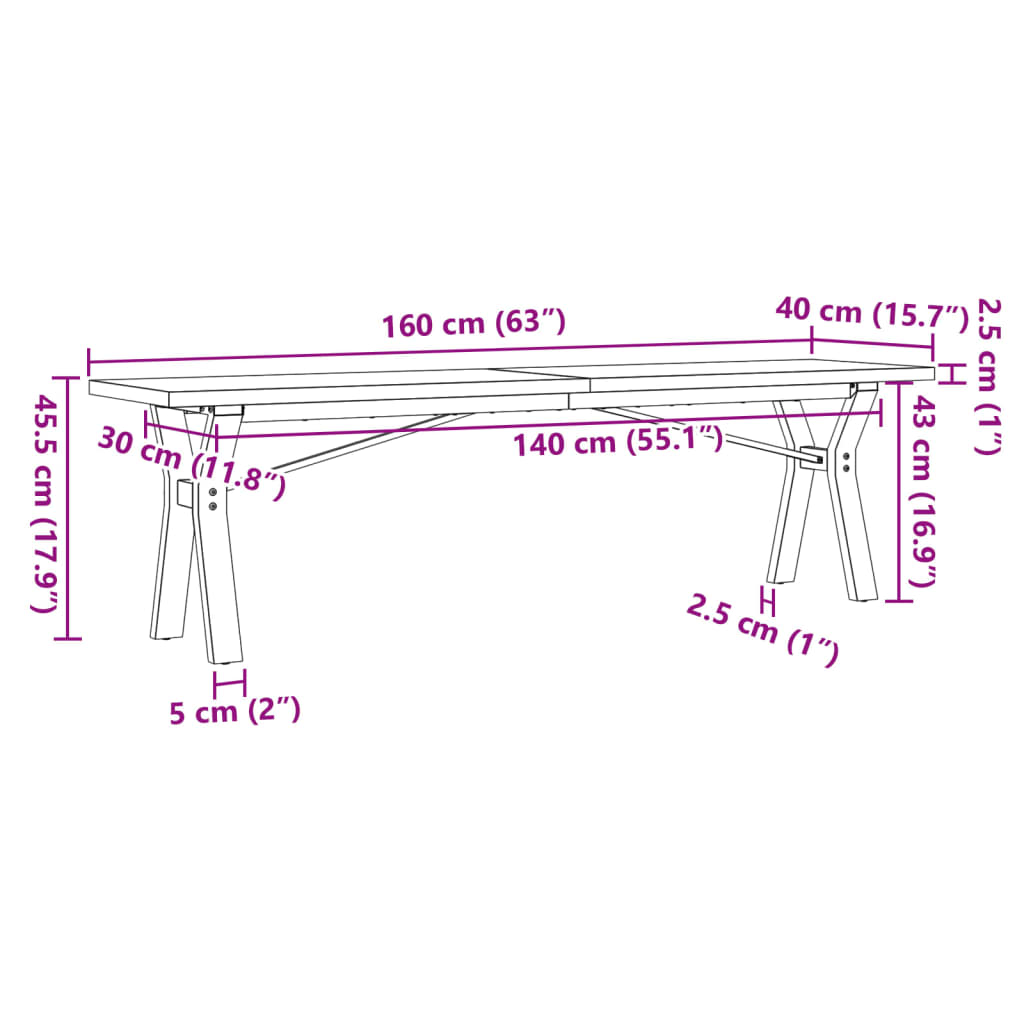 Coffee table, Y frame, 160x40x45.5 cm, solid pine wood and cast iron