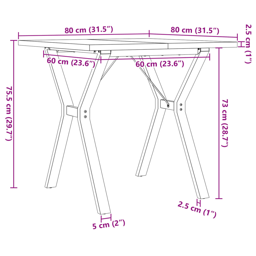 Kitchen table, Y frame, 80x80x75.5 cm solid pine wood and cast iron