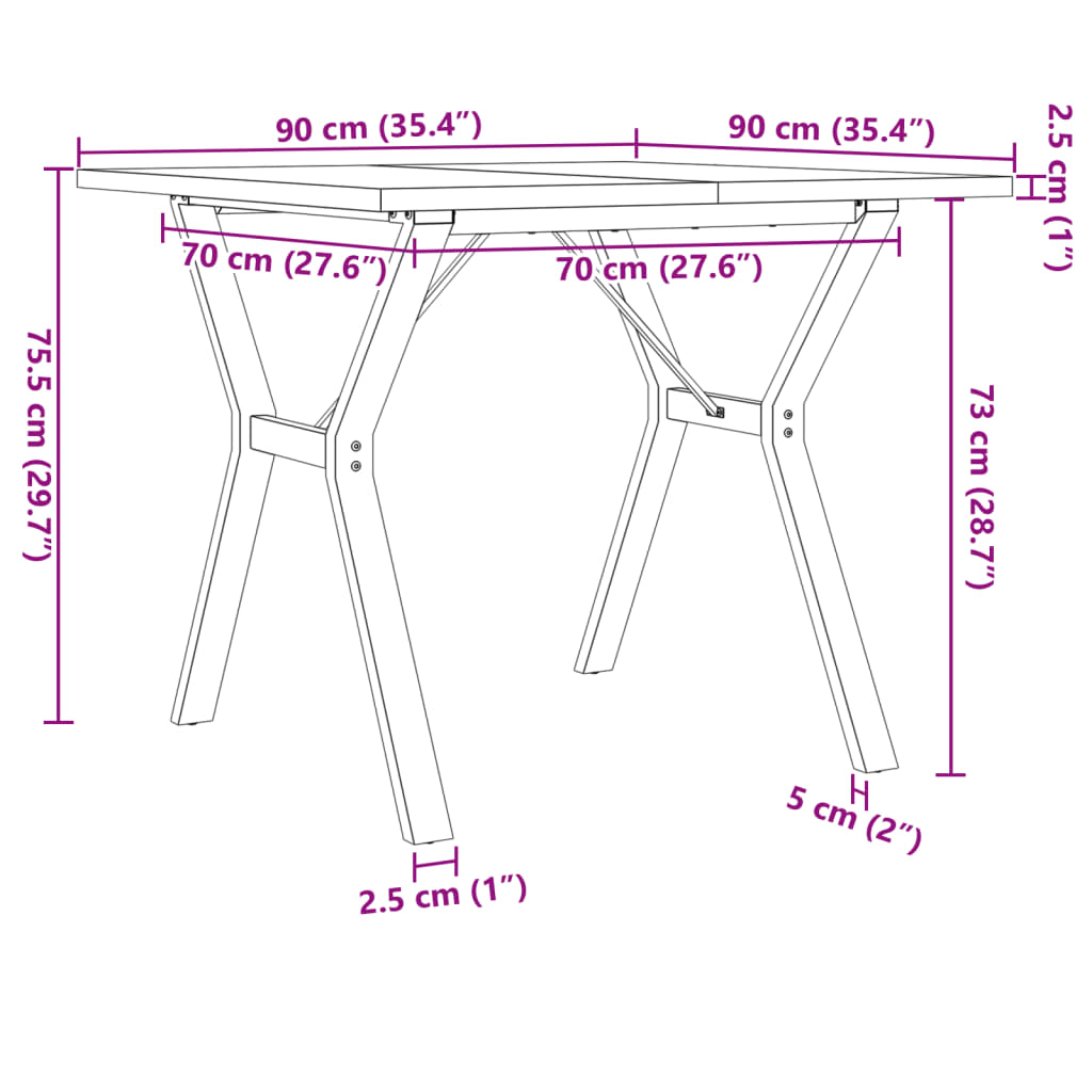 Kitchen table, Y frame, 90x90x75.5 cm solid pine wood and cast iron