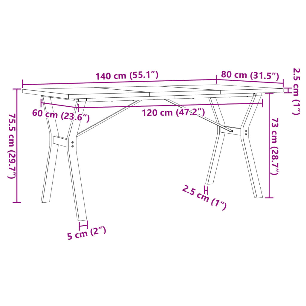 Kitchen table, Y frame, 140x80x75.5 cm solid pine wood and cast iron