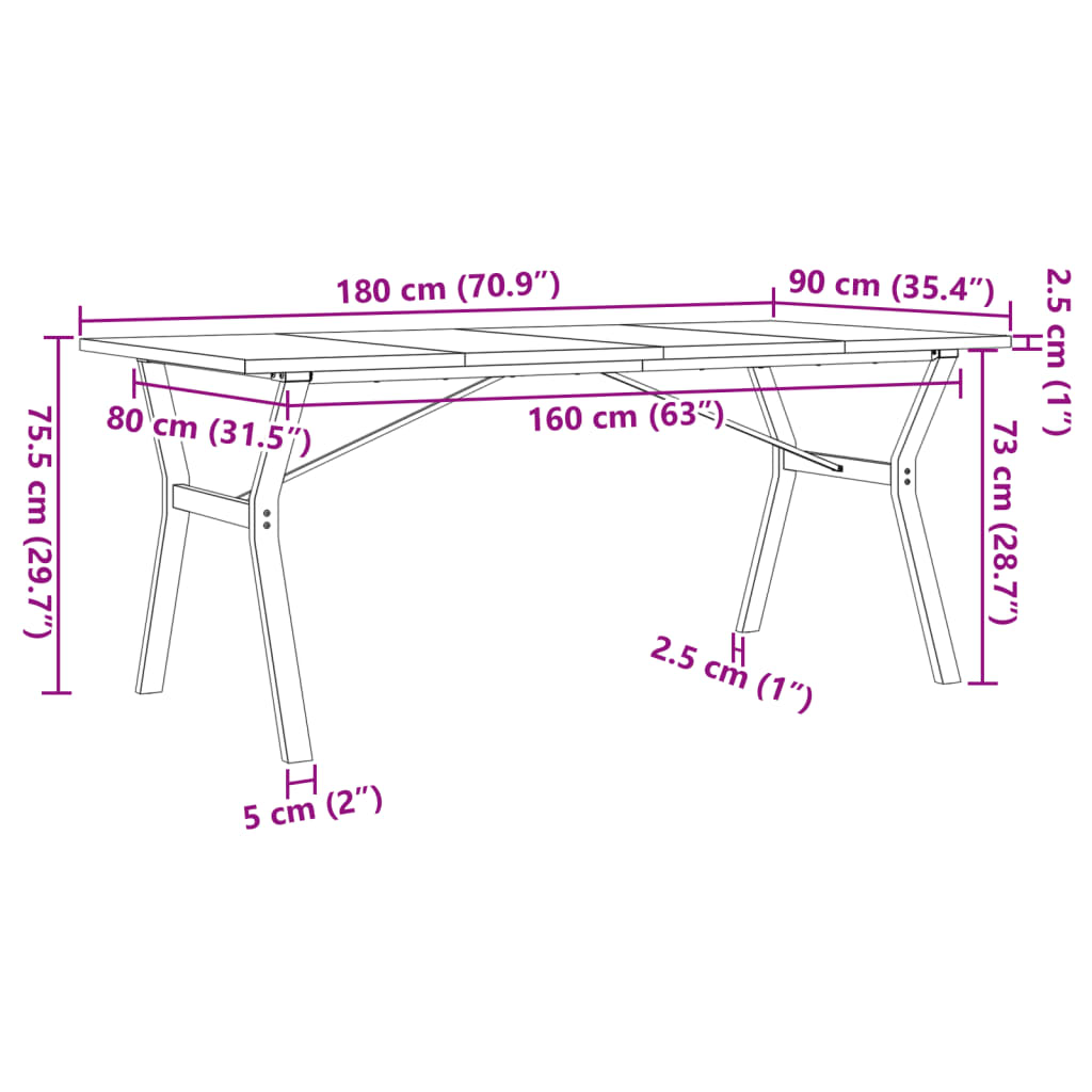 Kitchen table, Y frame, 180x90x75.5 cm solid pine wood and cast iron