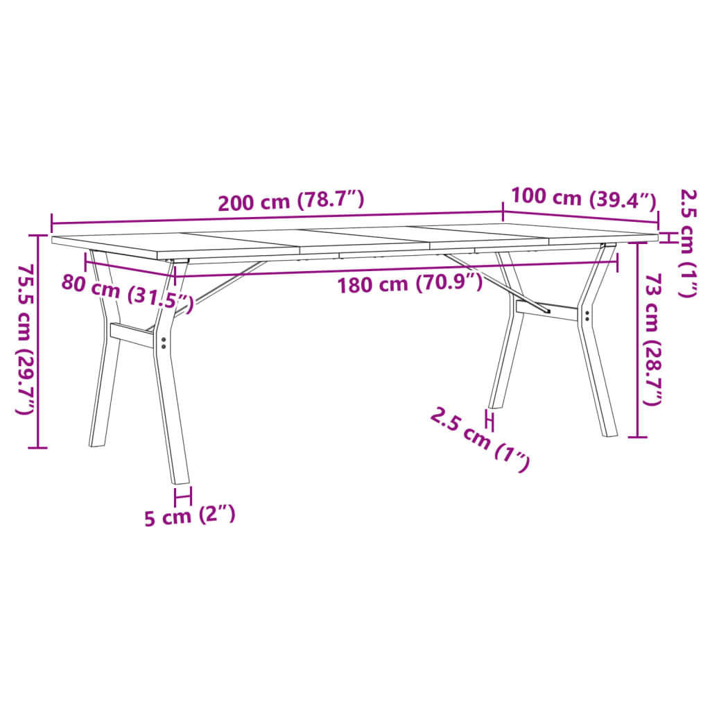 Kitchen table, Y frame, 200x100x75.5cm solid pine wood and cast iron