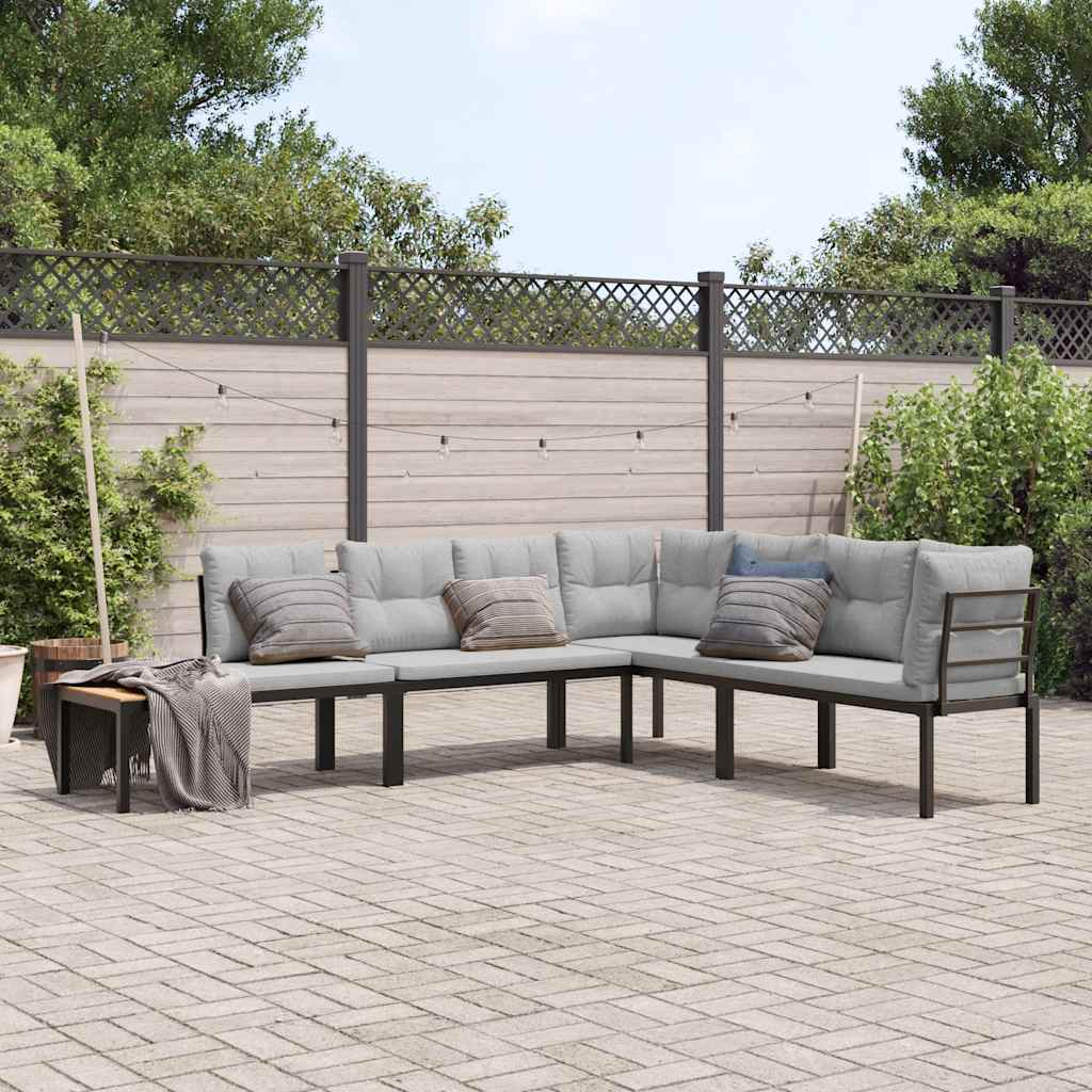 Garden benches with cushions, 2 pcs., black powder-coated steel