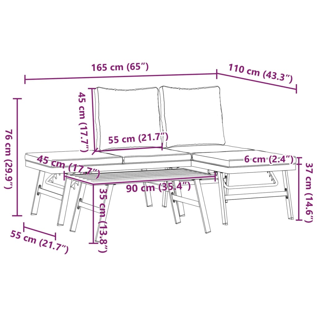 Garden benches with cushions 3 pcs black powder-coated steel