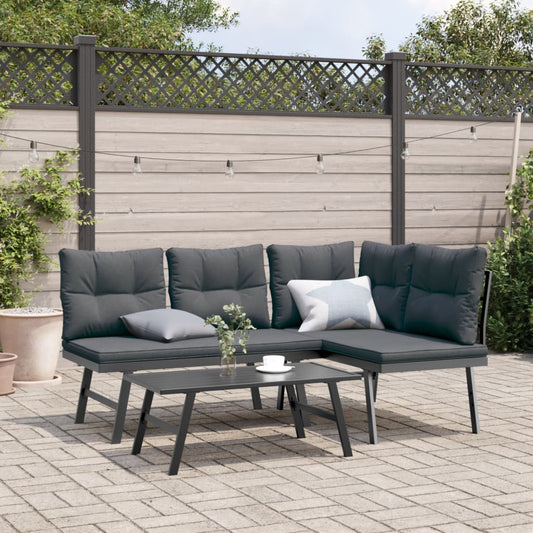 Garden benches with cushions 3 pcs black powder-coated steel