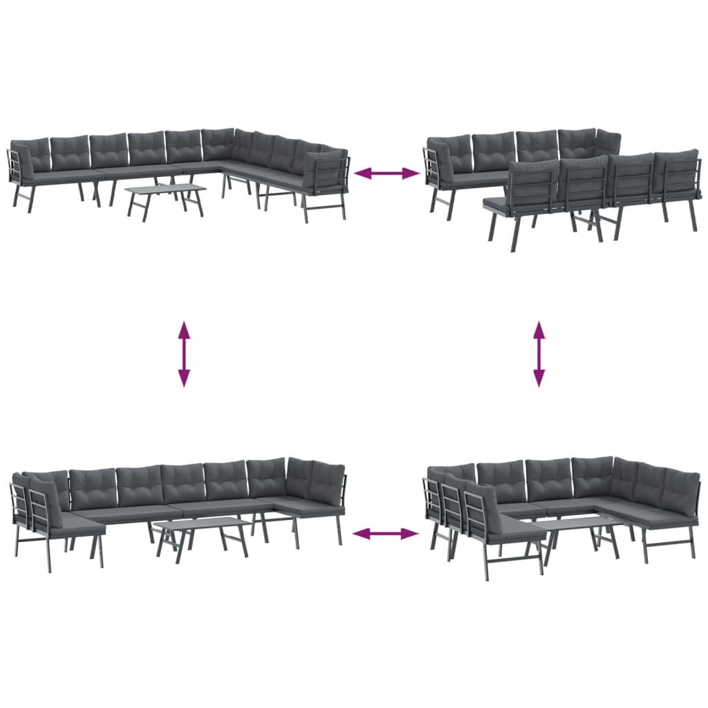 Garden benches with cushions 5 pcs black powder-coated steel