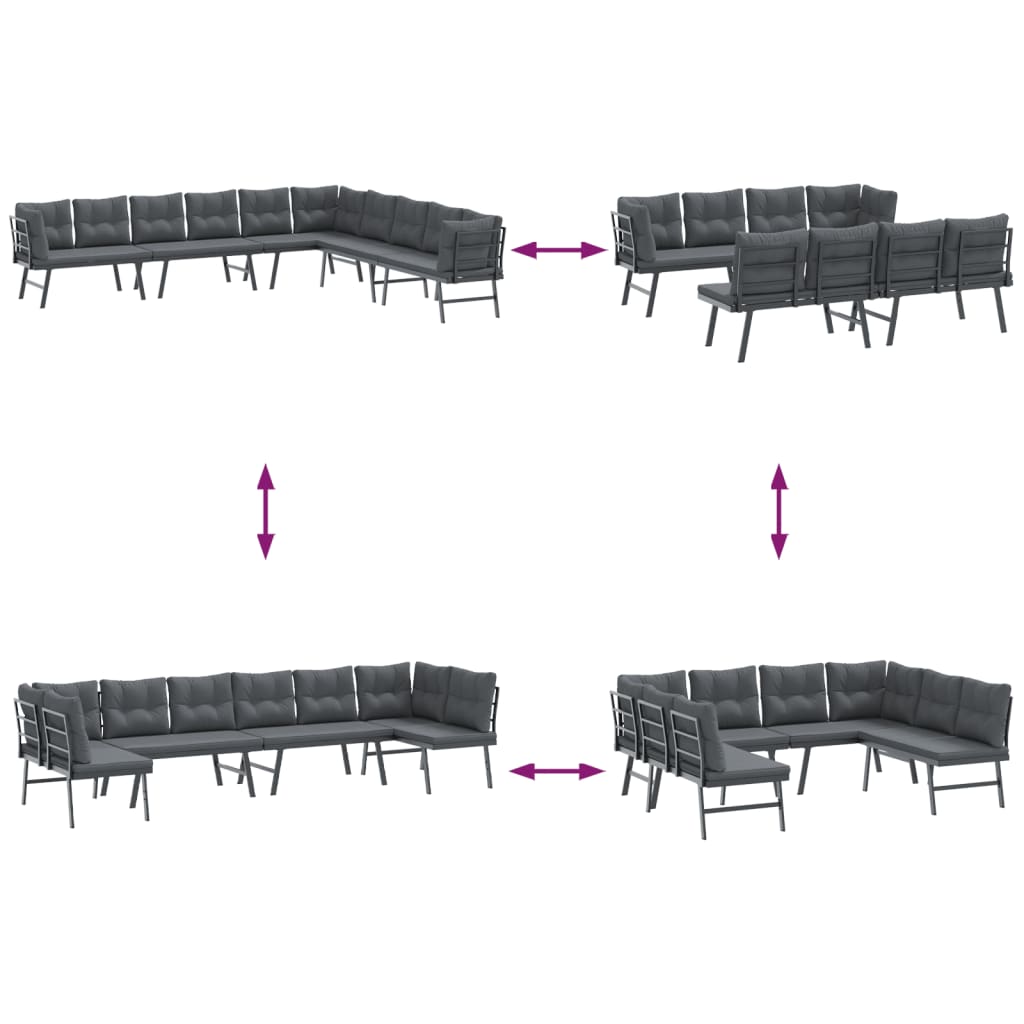 Garden benches with cushions 4 pcs black powder-coated steel