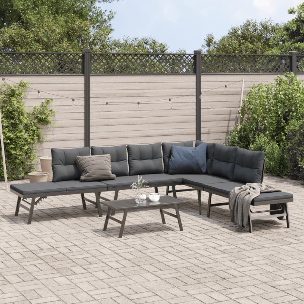 Garden benches with cushions 5 pcs black powder-coated steel