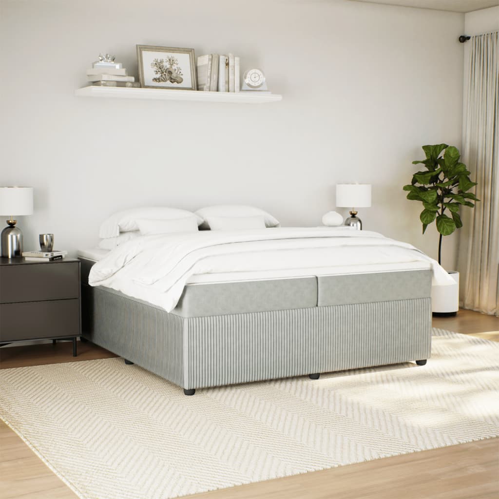 Pat box spring cu saltea, gri deschis, 200x200 cm, catifea