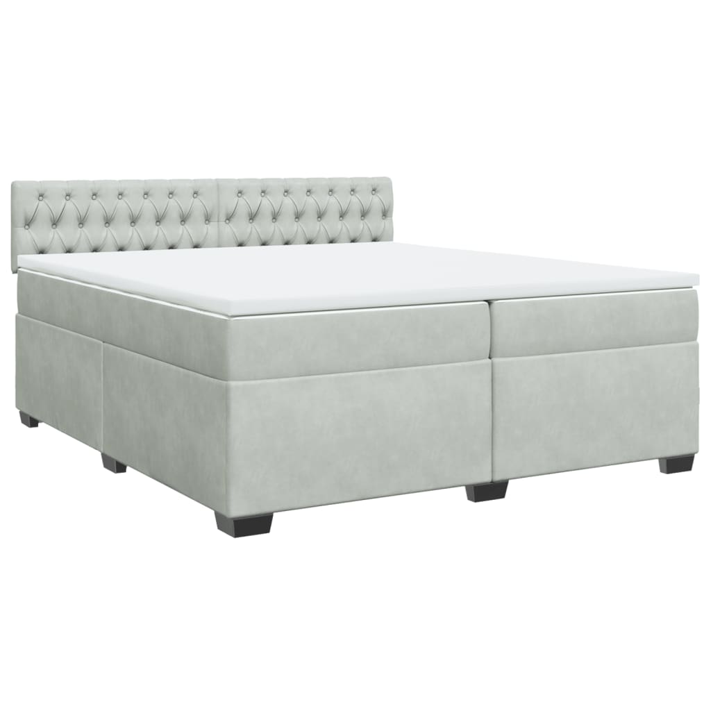 Pat box spring cu saltea, gri deschis, 200x200 cm, catifea