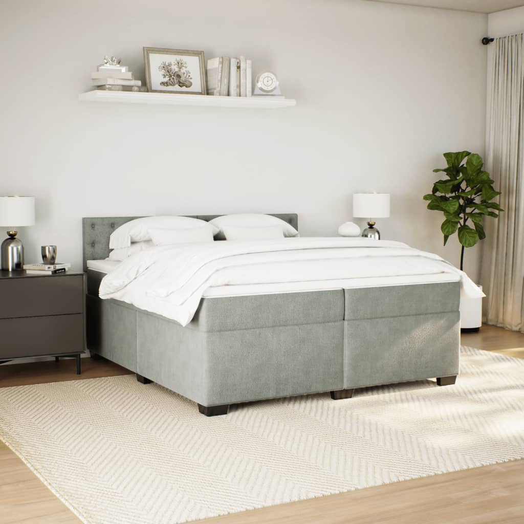 Pat box spring cu saltea, gri deschis, 200x200 cm, catifea