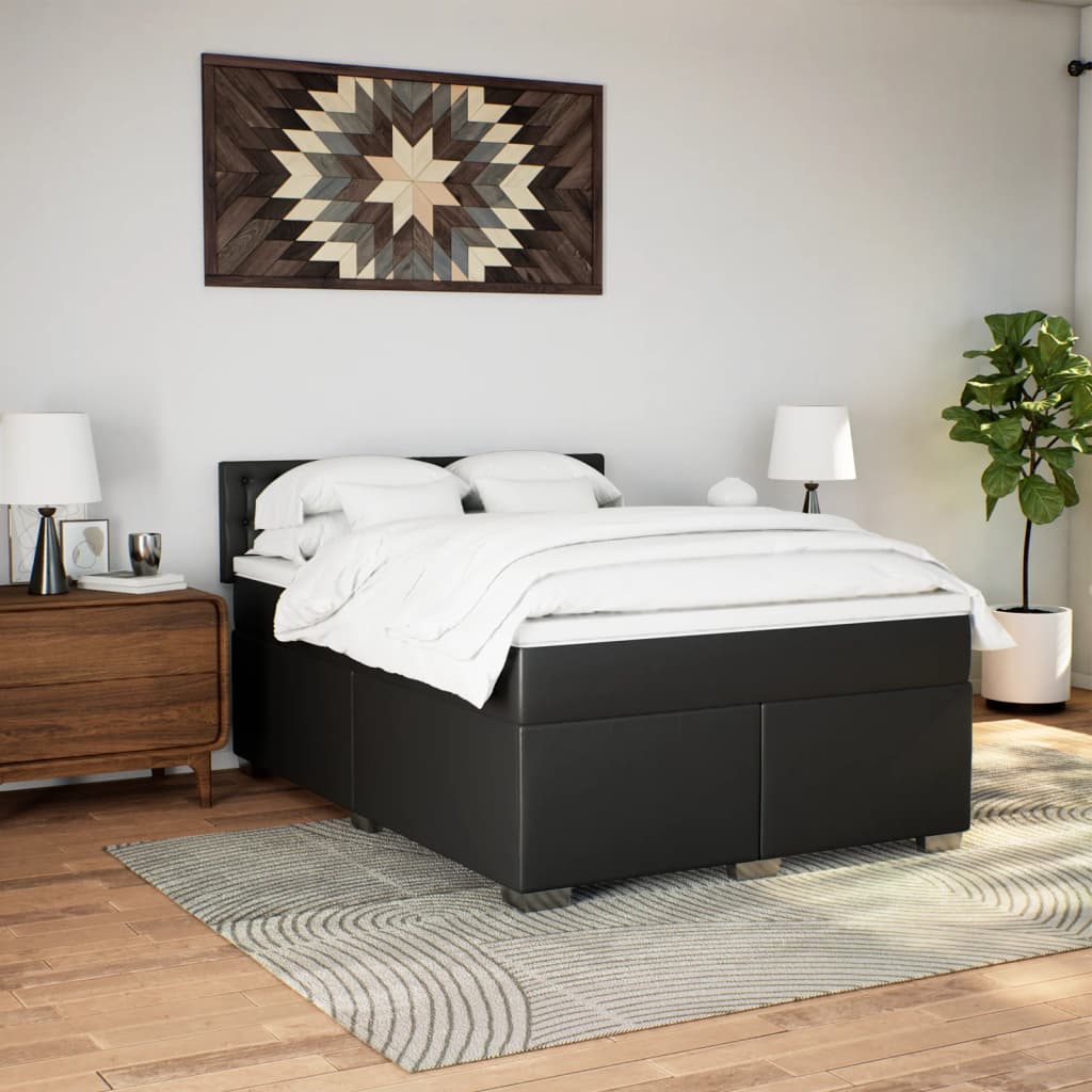 Pat box spring cu saltea, negru, 140x190 cm, piele ecologică