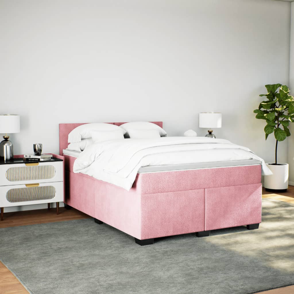 Pat box spring cu saltea, roz, 140x190 cm, catifea