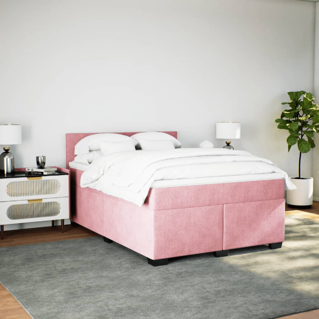 Pat box spring cu saltea, roz, 140x200 cm, catifea