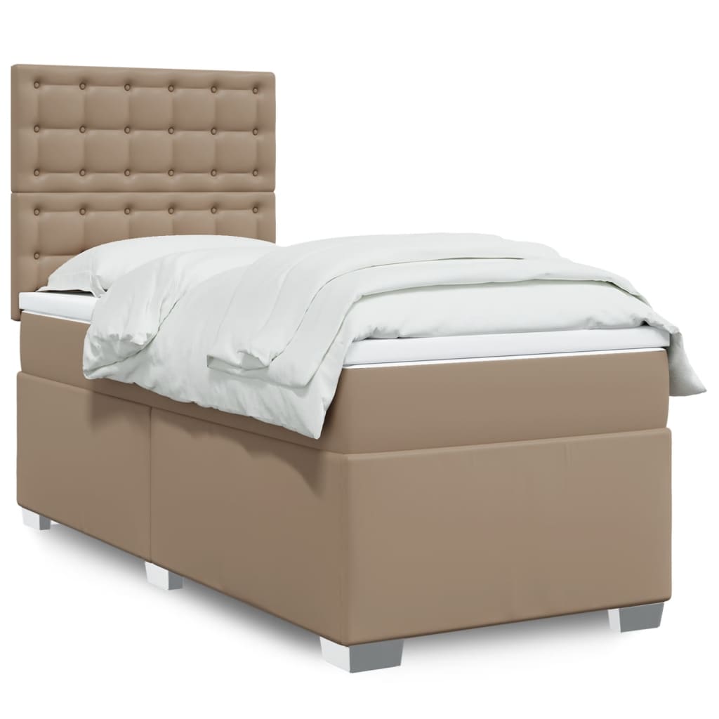 Pat box spring cu saltea, cappuccino, 80x200 cm piele ecologică